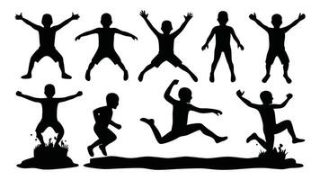 Boy jumps into the water silhouettes set isolated flat illustration on white background. vector