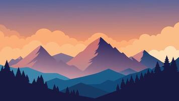 Breathtaking landscape featuring a mountain range, dotted with trees and enveloped in gentle clouds, evoking peace flat illustration Nature background. vector