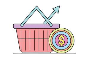Busket with coin and graph supermarket growth business concept isolated doodle line art flat illustration on white background vector