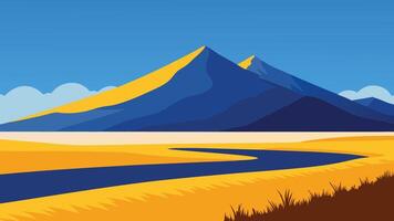 Beach featuring yellow grass with majestic mountains rising in the background under a clear blue sky flat illustration Nature background vector