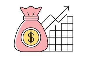 Hand drawn Money bag with coin and graph isolated doodle line art flat illustration on white background. vector