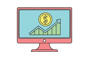 Pc Interface coin with business grow, line art doodle flat illustration vector