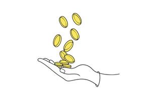 Hand holding several coins, showcasing simplicity and elegance in design isolated doodle line art flat illustration on white background. vector