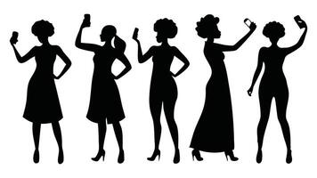 Women taking selfie set silhouettes isolated flat illustration on white background. vector