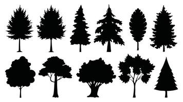 Vintage trees and forest silhouettes set isolated flat illustration on white background. vector