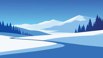 Snow covered field bordered by trees under a clear blue sky, creating a tranquil winter landscape flat illustration Nature background. vector