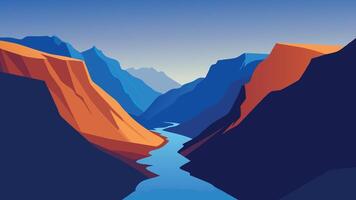 River flows through a majestic canyon, surrounded by towering mountains under a clear blue sky flat illustration Nature background. vector