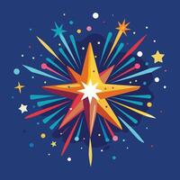 lunar new year illustration with fireworks and confetti, shape of a star, celebrating victory, skyline illuminated,sky filled with heart vector