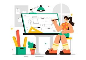 Engineer Working on Drafting Table, Creating Blueprints in Flat Style Cartoon vector