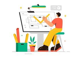 Cartoon of Engineer Working on Blueprint Drafting in Flat Style Background vector
