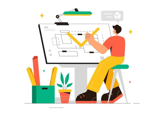 Cartoon of Engineer Working on Blueprint Drafting in Flat Style Background