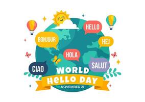 Happy World Hello Day Art with Diverse Language Bubbles and Cartoon Elements vector