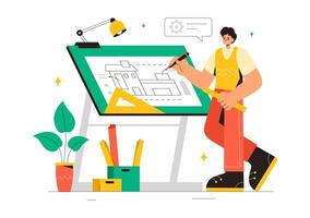 Architect at Drawing Board, Designing Project Plans in Flat Style Illustration vector