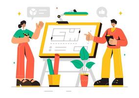 Flat Illustration of Architect Projecting on Drawing Board for Design Plans vector