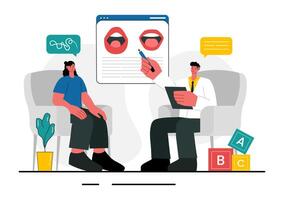 Language Skills Development Illustration for Speech Therapy with a Child and Therapist vector