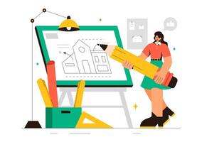 Engineer or Architect Projecting Construction Plans on Drawing Board, Cartoon Illustration vector