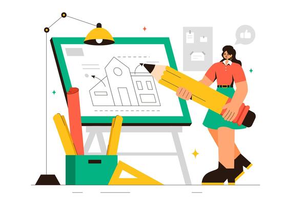 Engineer or Architect Projecting Construction Plans on Drawing Board, Cartoon Illustration