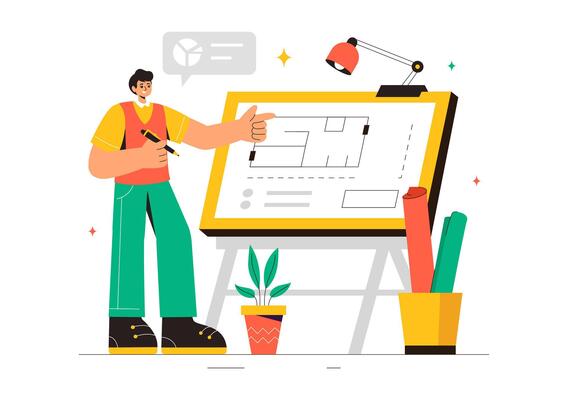 Illustration of Architect Drafting Blueprints on Drawing Board in Flat Style Background