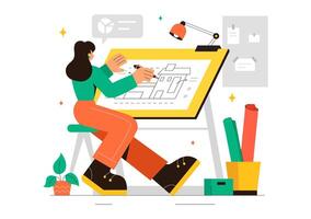 Drafting Board Project Illustration with Architect and Engineering Tools in Cartoon Style vector