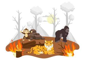 Deforestation and Forest Fires Showing Destruction of Trees and Wildlife Habitat in a Flat Cartoon Scene vector