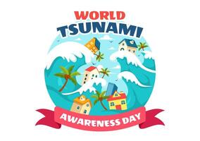 Tsunami Awareness Day Illustration on November 5 with Ocean Waves and Cityscape in Flat Cartoon Background vector