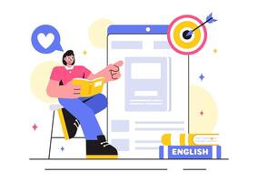 Books and Learning Resources Illustration with Students in a Fun, Flat Style Background vector