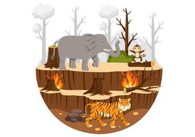 Illustration of Forest Fires and Tree Cutting Causing Habitat Loss and Animal Endangerment in a Cartoon Background vector