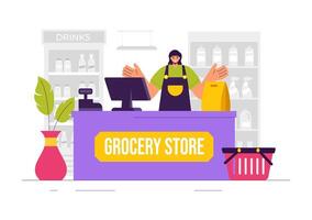 Supermarket Shelf Illustration with Assorted Groceries for Daily Shopping in Flat Style vector