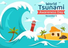November 5 World Tsunami Awareness Day Illustration with Waves Crashing onto Buildings and Trees in Flat Style vector