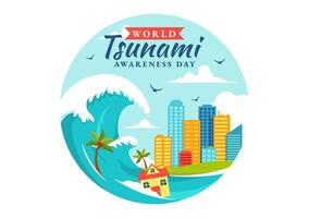 November 5 Tsunami Day Illustration Showing Powerful Waves, Trees, and Cityscape in Cartoon Style vector