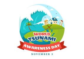 Tsunami Alert Day Illustration with Flooded Buildings and Trees in Flat Style for November 5 vector