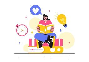 Educational Books and Knowledge Illustration with Students Studying in a Flat Style Background vector