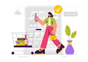 Assortment of Food and Grocery Products on Supermarket Shelf in Flat Background vector