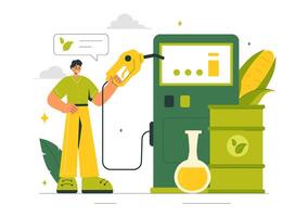 Biogas Production Cycle from Renewable Plant Materials and Green Barrels in a Cartoon Background vector