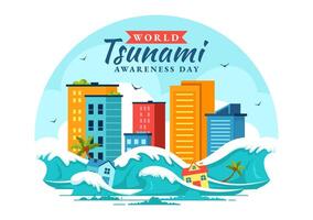Tsunami Awareness Day on November 5 with Devastating Ocean Waves Hitting the Coastline in Flat Background vector