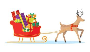 A reindeer in a harness pulls a sleigh with a large number of different gifts. vector