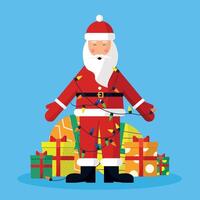 Santa Claus is tangled in a garland, and there are presents behind his back. vector
