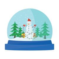 Snowman stands in a garland and with gifts in a snow globe. vector