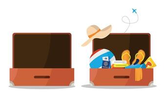 Open empty suitcase and open suitcase with things for travel. vector