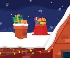 Santa Claus left presents on the roof and is going to lower them into the house through the chimney vector