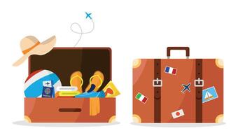 An open suitcase with travel stuff and a closed suitcase. vector