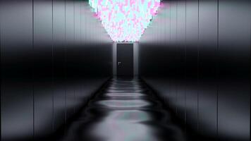 View inside of dark scary surreal corridor with a door at the end. Design. Monochrome corridor with glowing colorful ceiling. video