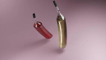 Abstract rotating bottles of white and red wine isolated on a pink background. Design. Concept of alcoholism or alcohol addiction. video