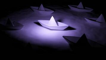 Dark background with orange and purple light. Design. Water on which there are paper boats in animation. video