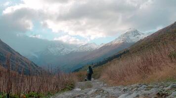 Walking tourists on a hike. Creative. A group of friends who are walking in the fields in front of mountains and trees standing close to each other. video