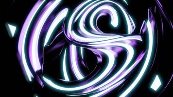 Rotating abstract ball with curved neon lines. Design. Futuristic structure rotates with neon curves shedding on black background. Abstract ball of curved lines and glowing neon video
