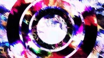 Colorful animation with pulsating rings for attention. Motion. Colorful flickering and background radiation with rings in center. Hypnotic rings with shimmering colorful background and psychedelic video