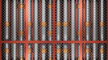 3D pipes with grid. Design. A lot of metal pipes behind grid. System with metal pipes and mesh for technical industry video