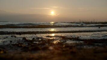 Close-up of small waves on background of sunset. Creative. Rolling small waves on seashore with sunset horizon. Waves on background of sea sunset video