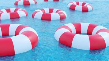 Close up of abstract floating rescue buoys on the water surface. Design. A floating lifebuoy in the sea. video